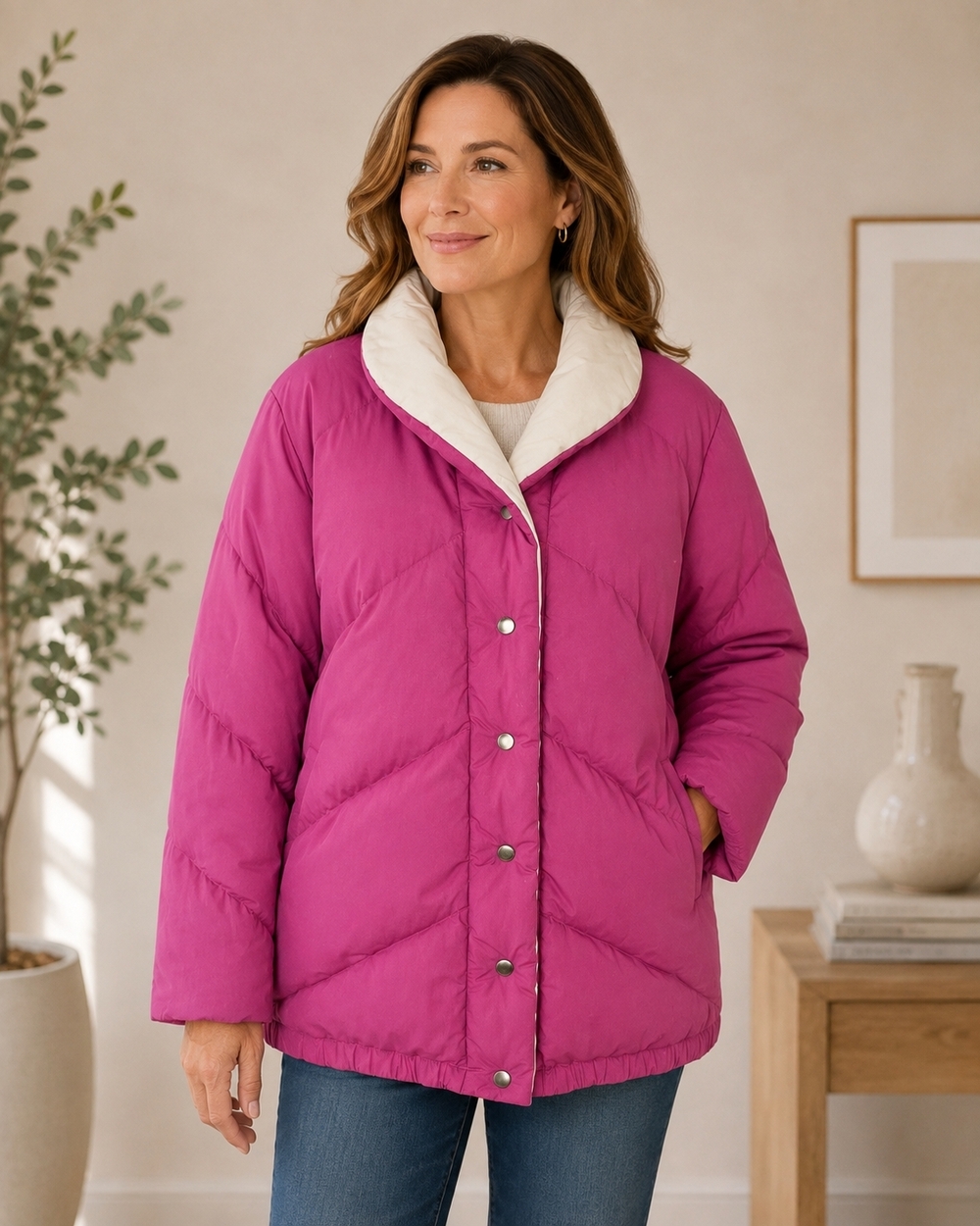 Vintage Saks Fifth Avenue Reversible Down Puffer Jacket Pink Beige Womens Size S